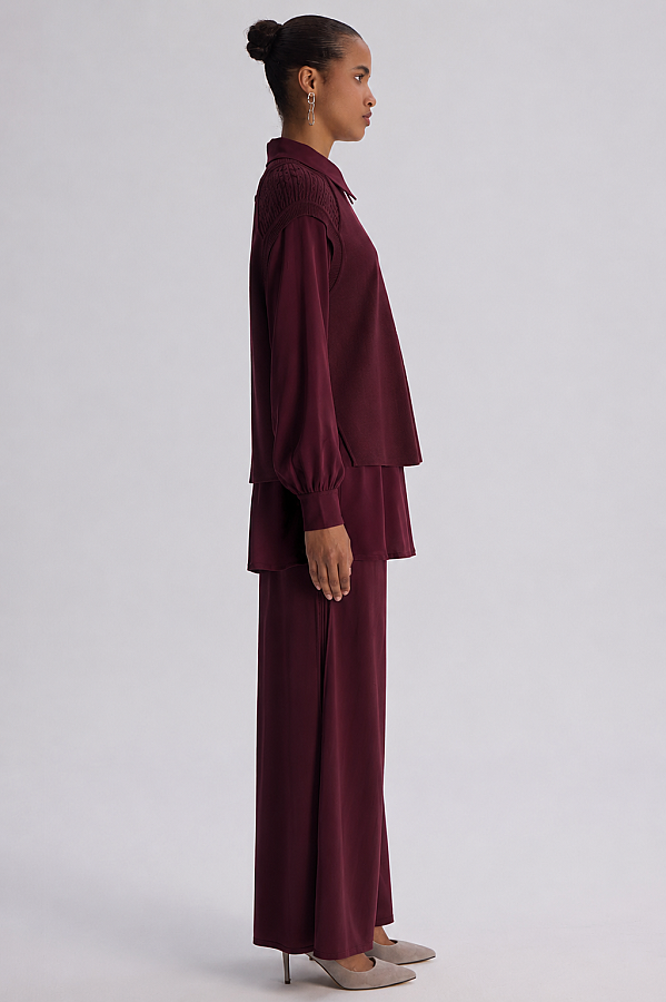 Saç Örgü Detaylı Kısa Kollu Tunik Bordo - 3
