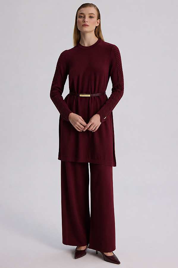 Balıksırtı Detaylı Triko Tunik Bordo - 1