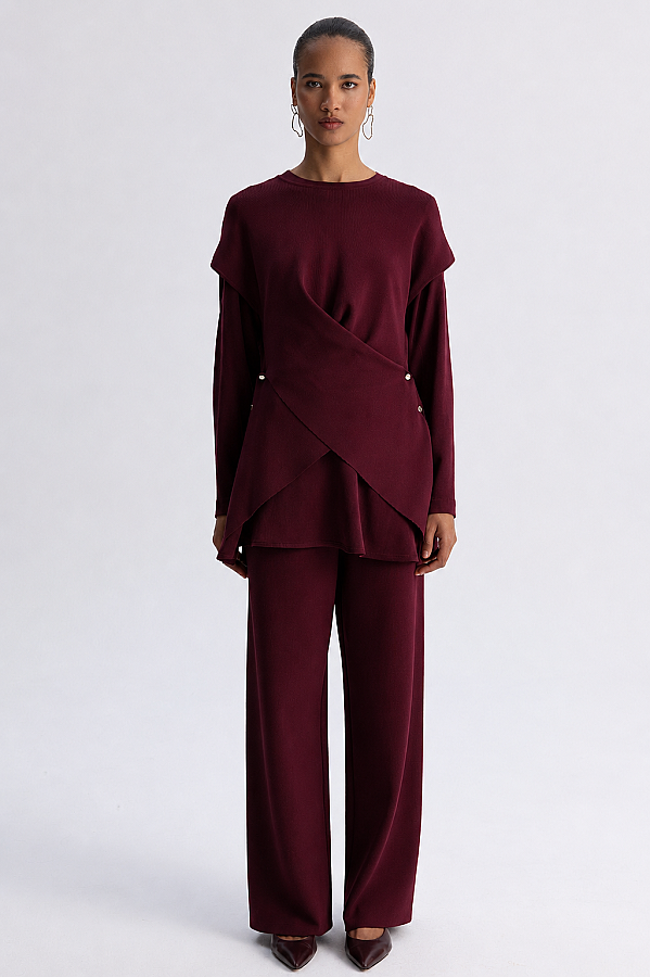 Metal Düğme Detaylı Asimetrik Tunik Bordo - 1