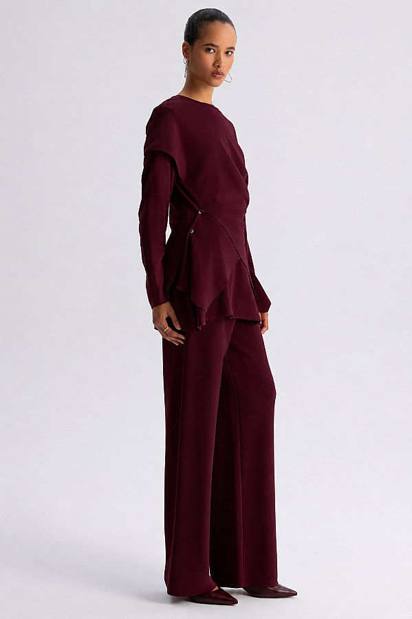 Metal Düğme Detaylı Asimetrik Tunik Bordo - 2