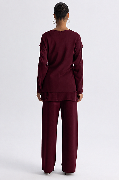 Metal Düğme Detaylı Asimetrik Tunik Bordo - 3