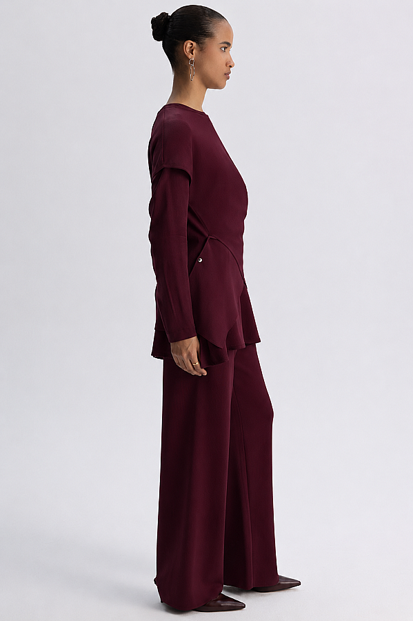 Metal Düğme Detaylı Asimetrik Tunik Bordo - 4