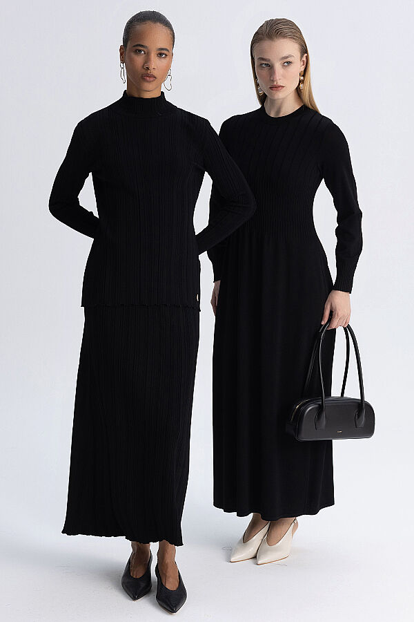 Fitilli Dik Yaka Tunik Siyah - 6