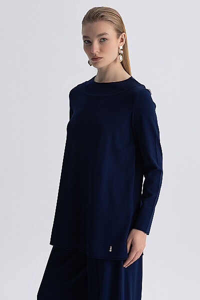  Yuvarlak Yaka Basic Tunik Lacivert - 3