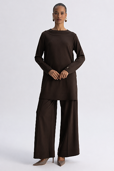  Yuvarlak Yaka Basic Tunik Kahverengi - 1