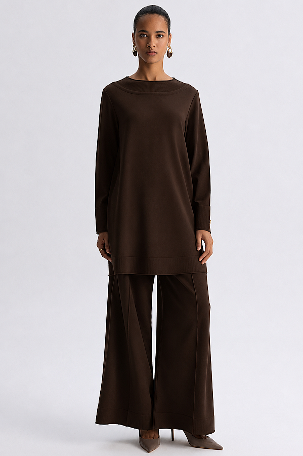  Yuvarlak Yaka Basic Tunik Kahverengi - 2