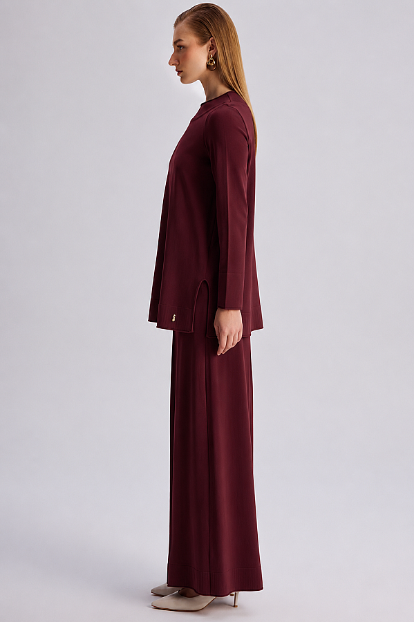  Yuvarlak Yaka Basic Tunik Bordo - 2