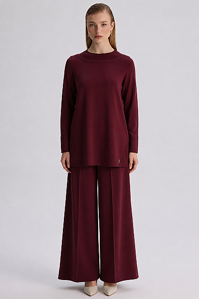  Yuvarlak Yaka Basic Tunik Bordo - 3