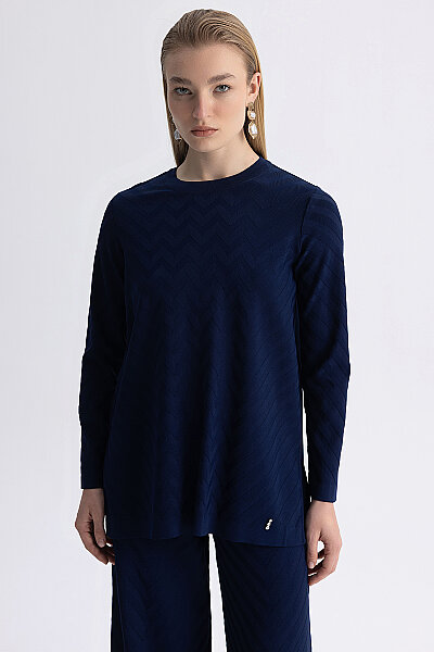 Zigzag Desenli Triko Tunik Lacivert - 4