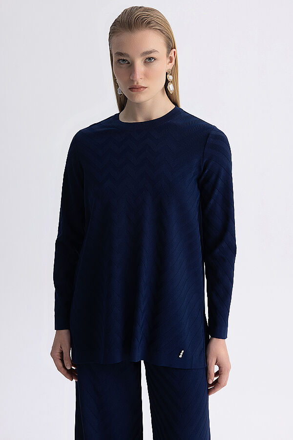 Zigzag Desenli Triko Tunik Lacivert - 4