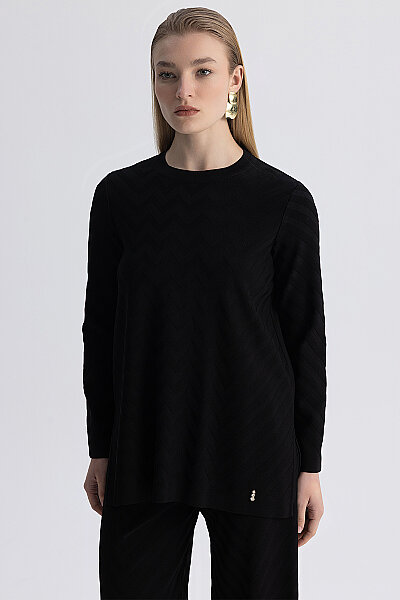 Zigzag Desenli Triko Tunik Siyah - MISS DALIDA (1)