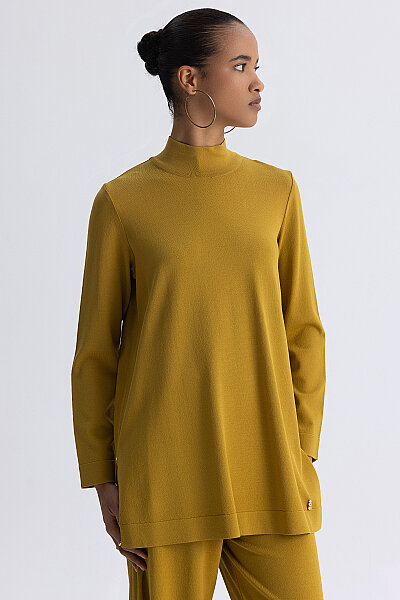 Dik Yaka Düz Renk Triko Tunik Olive - 4