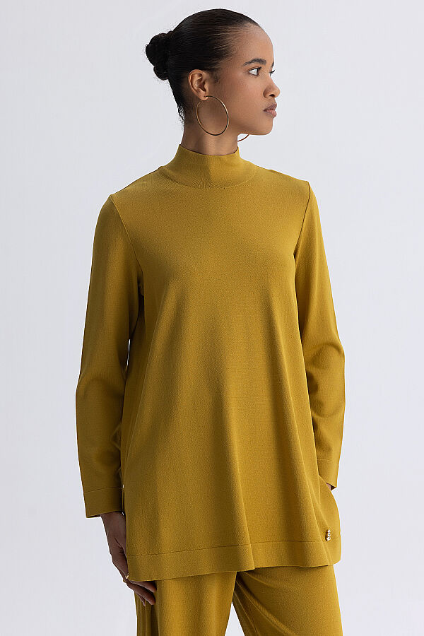Dik Yaka Düz Renk Triko Tunik Olive - 4