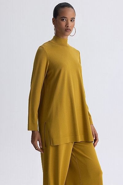 Dik Yaka Düz Renk Triko Tunik Olive - 5