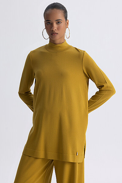 Dik Yaka Düz Renk Triko Tunik Olive - 6