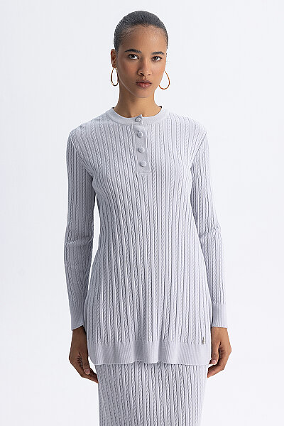  Yuvarlak Yaka Saç Örgü Touch Me Tunik Gri - 4