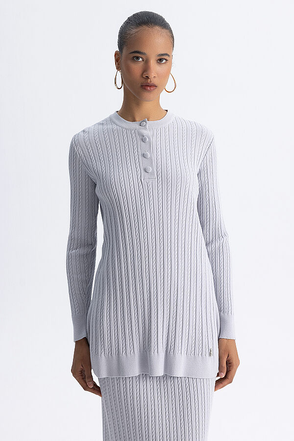  Yuvarlak Yaka Saç Örgü Touch Me Tunik Gri - 4