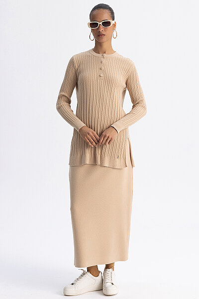  Yuvarlak Yaka Saç Örgü Touch Me Tunik Camel 