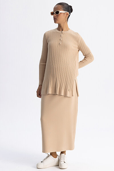  Yuvarlak Yaka Saç Örgü Touch Me Tunik Camel - 2