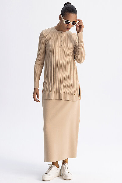  Yuvarlak Yaka Saç Örgü Touch Me Tunik Camel - 3