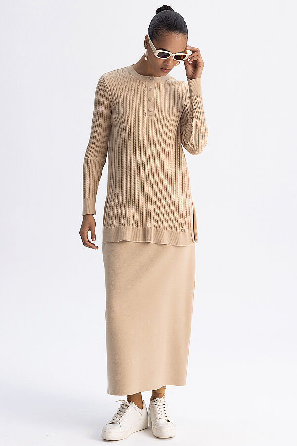  Yuvarlak Yaka Saç Örgü Touch Me Tunik Camel - 3