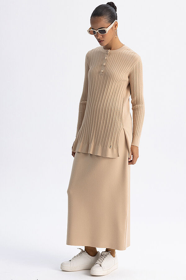  Yuvarlak Yaka Saç Örgü Touch Me Tunik Camel - 4