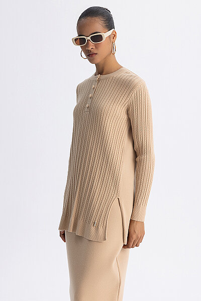  Yuvarlak Yaka Saç Örgü Touch Me Tunik Camel - 5