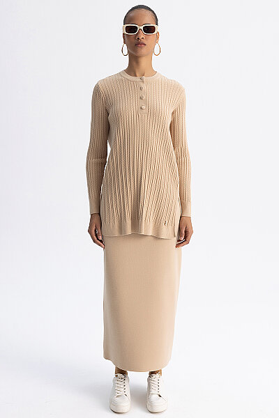  Yuvarlak Yaka Saç Örgü Touch Me Tunik Camel - 7