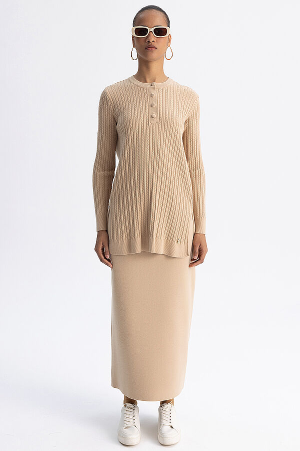  Yuvarlak Yaka Saç Örgü Touch Me Tunik Camel - 7