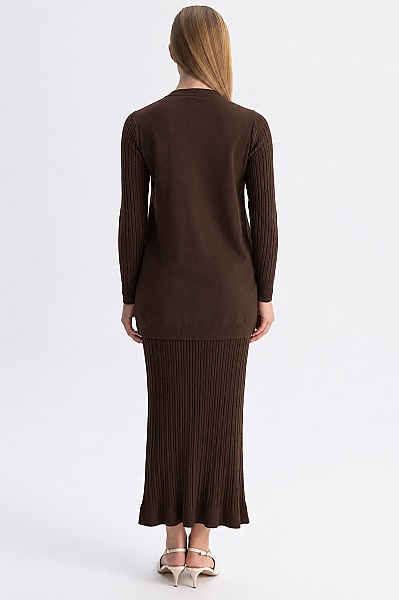  Yuvarlak Yaka Saç Örgü Touch Me Tunik Kahverengi - 4