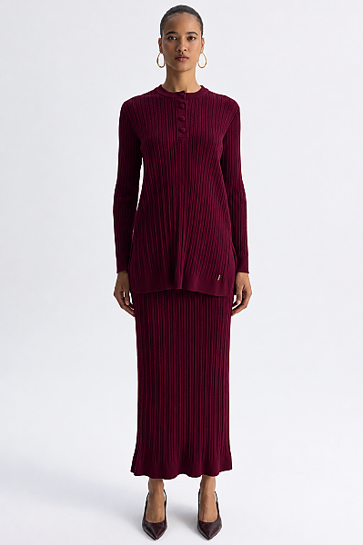 Yuvarlak Yaka Saç Örgü Touch Me Tunik Bordo - 4