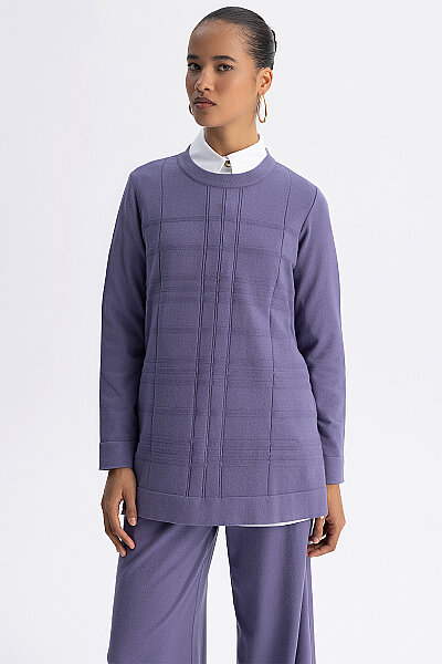 Ekose Desenli Triko Tunik Lila - 8