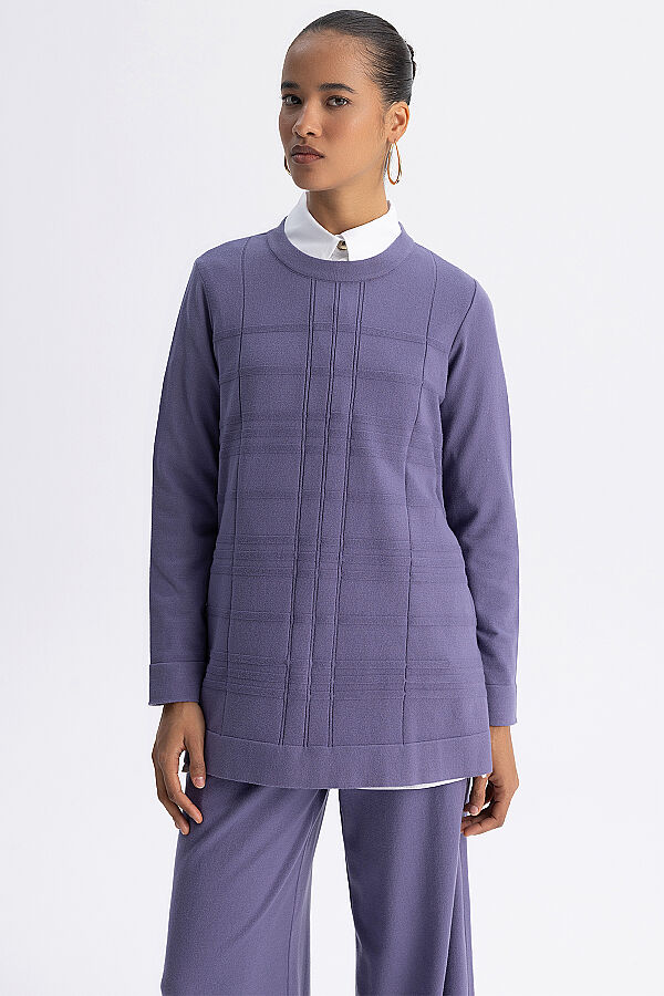 Ekose Desenli Triko Tunik Lila - 8