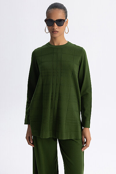 Ekose Desenli Triko Tunik Yeşil - 3