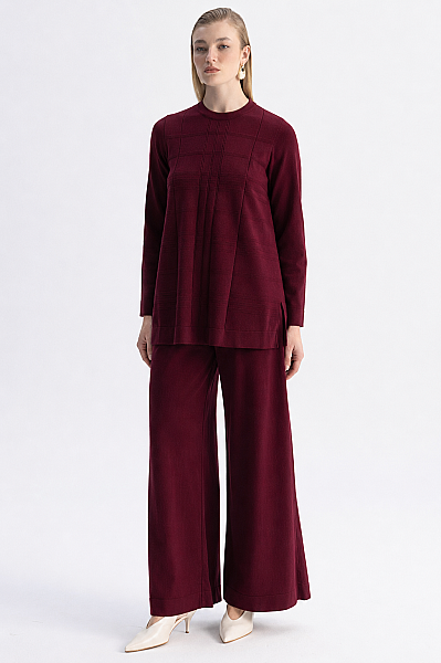 Ekose Desenli Triko Tunik Bordo - MISS DALIDA