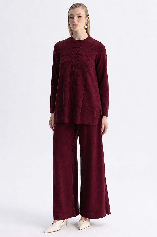 Ekose Desenli Triko Tunik Bordo - 1