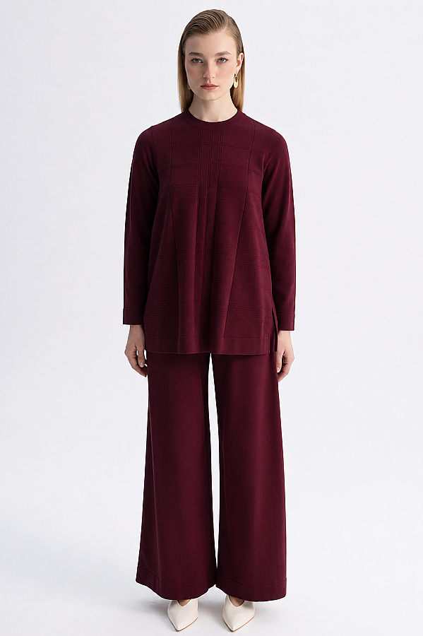 Ekose Desenli Triko Tunik Bordo - 4