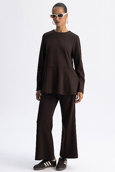 Basic Kesim Volan Detaylı Tunik Kahverengi - 3
