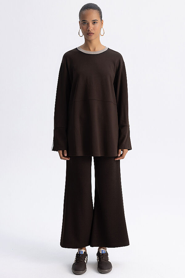Minimal Kesim Kontrast Yaka Tunik Kahverengi - 1