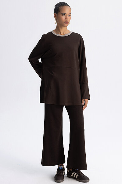Minimal Kesim Kontrast Yaka Tunik Kahverengi - 2
