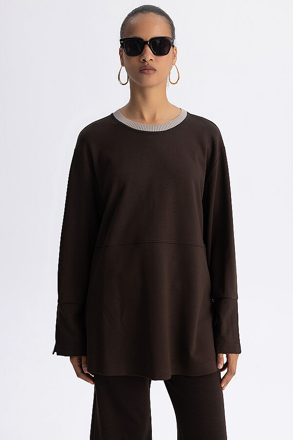 Minimal Kesim Kontrast Yaka Tunik Kahverengi - 3