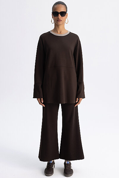 Minimal Kesim Kontrast Yaka Tunik Kahverengi - 5