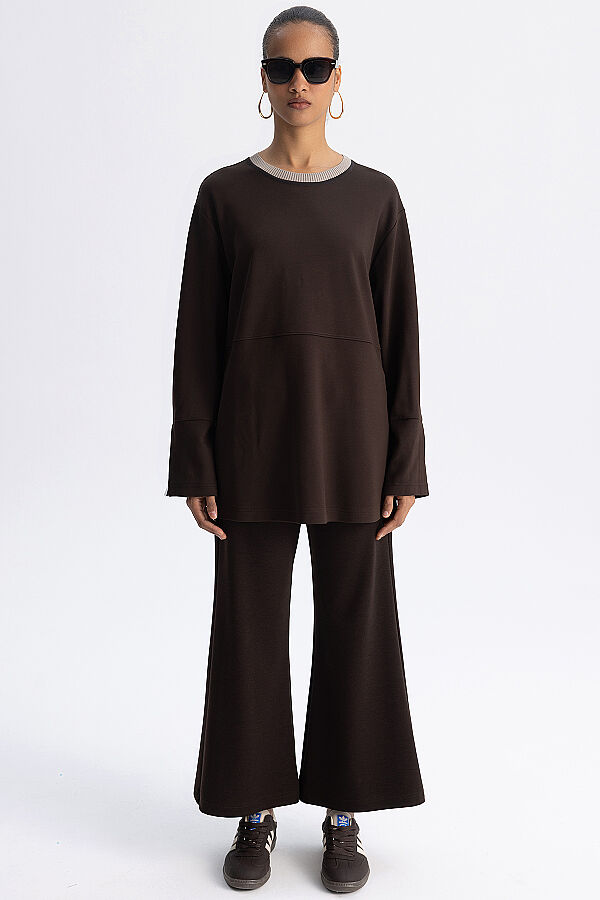 Minimal Kesim Kontrast Yaka Tunik Kahverengi - 5