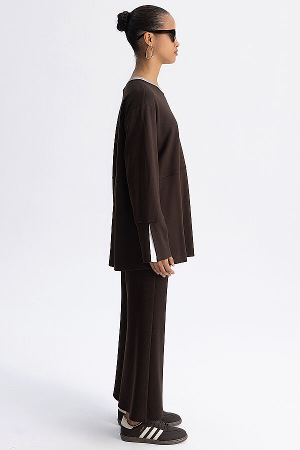 Minimal Kesim Kontrast Yaka Tunik Kahverengi - 6