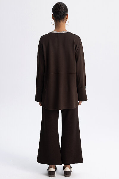 Minimal Kesim Kontrast Yaka Tunik Kahverengi - 7