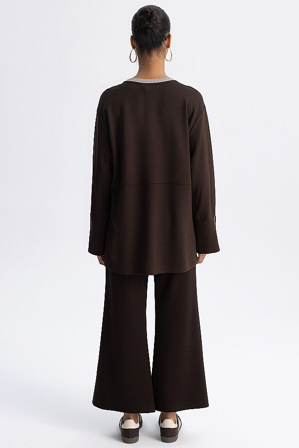 Minimal Kesim Kontrast Yaka Tunik Kahverengi - 7
