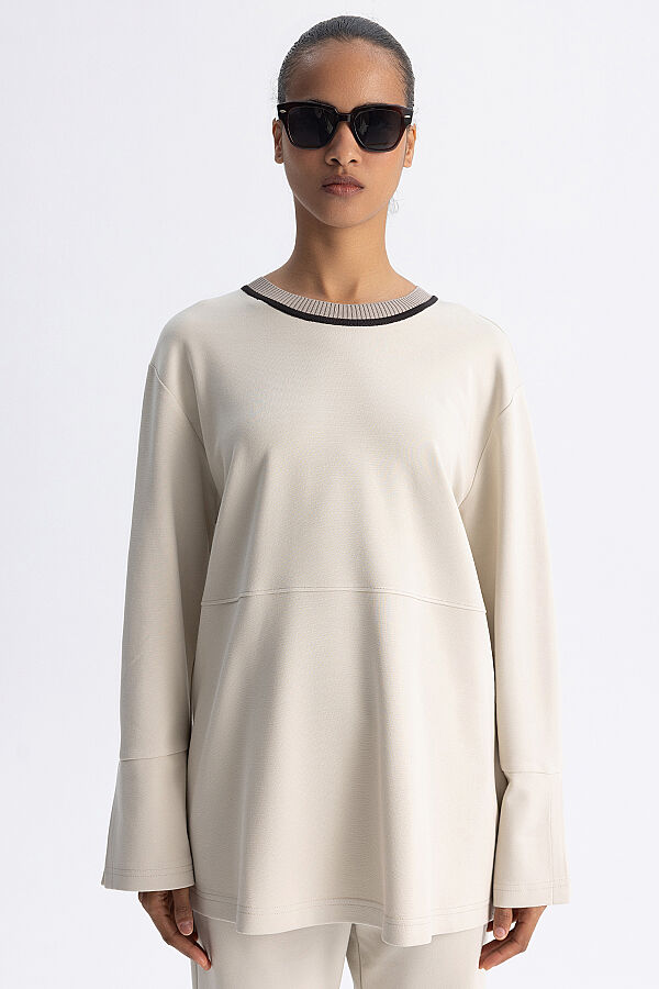 Minimal Kesim Kontrast Yaka Tunik Ekru - 3
