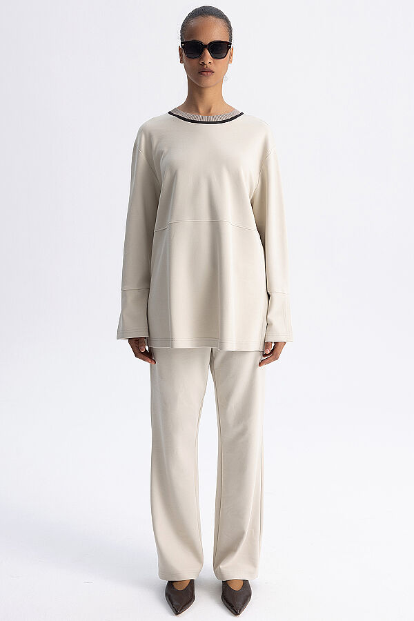 Minimal Kesim Kontrast Yaka Tunik Ekru - 5