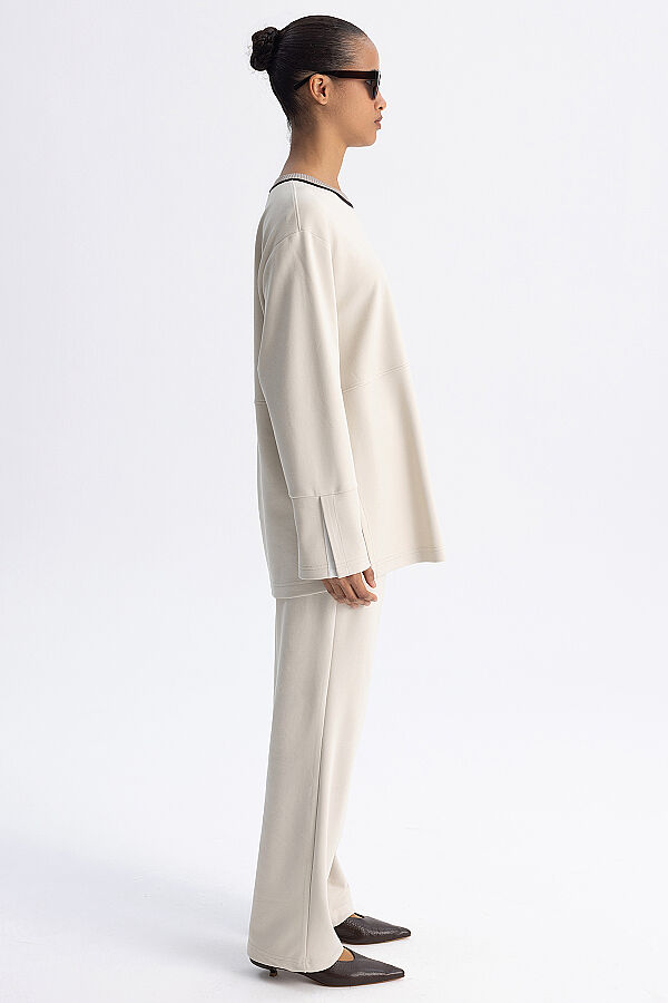 Minimal Kesim Kontrast Yaka Tunik Ekru - 6