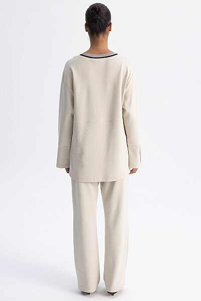Minimal Kesim Kontrast Yaka Tunik Ekru - 7